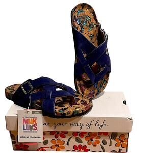 Muk Luks Suede Adjustable Sandals Blue w/ Iridescent Butterfly Soles Womens Sz 9